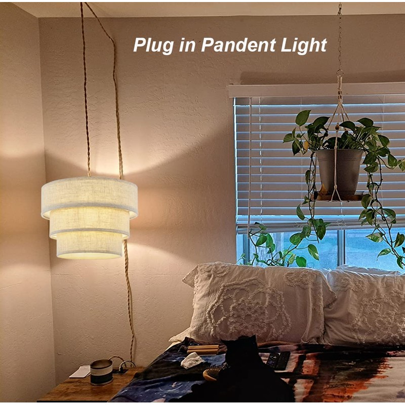 XININSUN 3-Tier Drum Linen Plug in Pendant Light with15ft Hemp