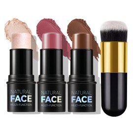 MLSMILE Cream Contour Stick Makeup Kit,with Highlighter, Blush and Bronzer Contour Sticks and Brushes for Sculpt the Cheeks, Create Non-greasy, Waterproof and Long-lasting Contour makeup（02#,05#,06#）