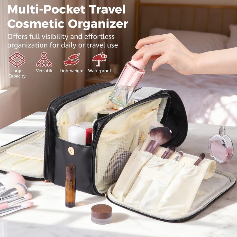 DORMIYA Black Travel Makeup Bag for Women - Large Capacity
