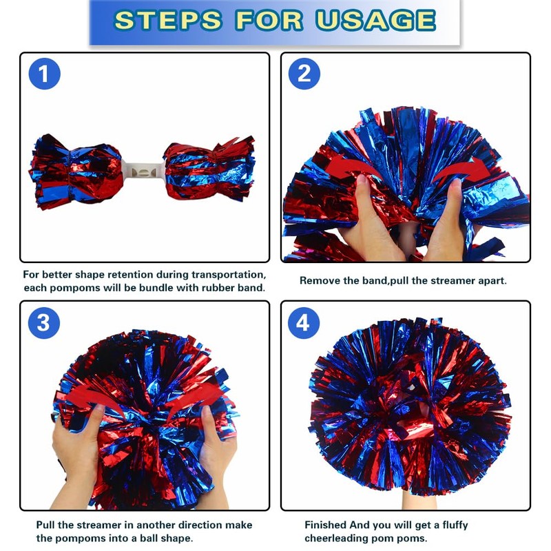 Lovecheer 2PCS Pom Poms Cheerleading Blue and Red Metallic Cheerleader
