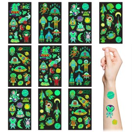 Space Temporary Tattoos,10 Sheets Luminous Planet Fake Tattoo Stickers Glow in Dark Astronaut Rocketship Universe Tattoos for Boys Girls Kids Party Supplies