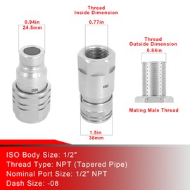 1/2" NPT Flat Face Hydraulic Couplers Set, ISO16028 Skid Steer Hydraulic Couplers, 1/2" Body and 1/2" NPT Thread,with 2PCS Dust Caps,Hoqqf