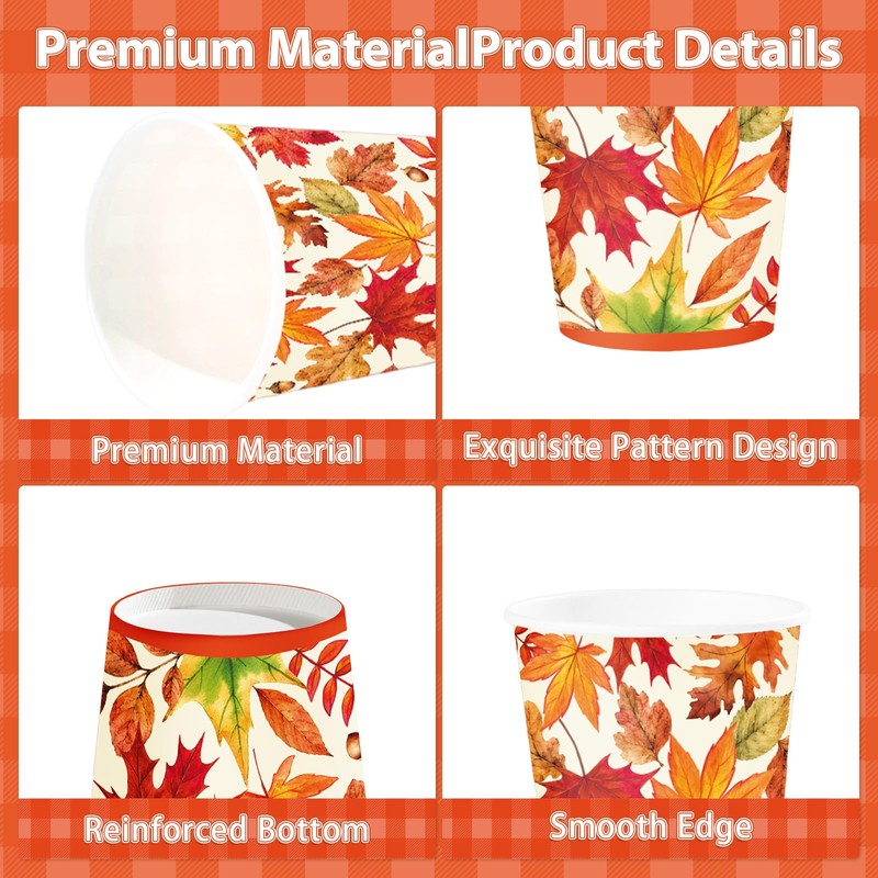 50Pcs 9oz Fall Leaves Coffee Paper Cups for Hot and