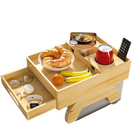 Guolich Wooden Couch Tray with Drawer, Couch Bar Snack Box Wine Glass Holder,Couch Butler with Wooden Phone Holder Trays,Tv Tray Table,Couch Cup Holder