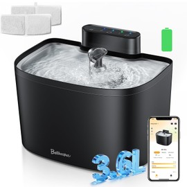 BELLKASPET Bellkaspet Cat Water Fountain, App Control Cat Fountain, 122oz/3.6L Pumpless Water Fountains for Cats Indoor with Stainless Steel Tray, Wi-Fi Dog and Pet Water Fountain (Black, Fountain+2 Fliters)