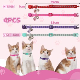 Aribliseza Cat Collar, Set of 4 Reflective, Safety Closure, Bell/Paw Pendant, 6-9 Inches (Purple/Hot Pink/Red/Teal)