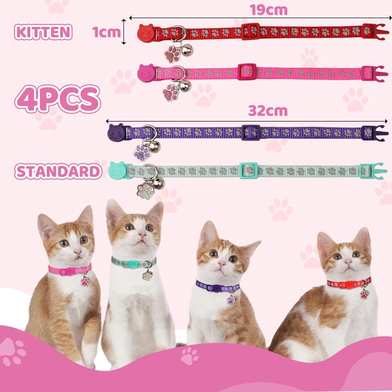Aribliseza Cat Collar, Set of 4 Reflective, Safety Closure, Bell/Paw
