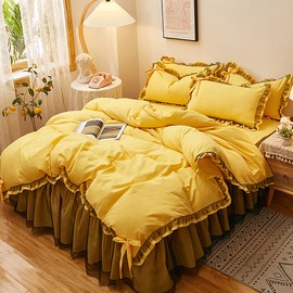 GETIYA Yellow Plain Bed Linen, 135 x 200 cm, Romantic Bed Linen with Ruffles, Women's, Girls' Bed Linen with Bow, Soft Microfibre Duvet Cover, Single Bed with 1 Pillowcase 80 x 80 cm