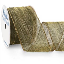 Ribbli Moss Green Crinkled Wired Ribbon 2.5 Inch with Gold Metallic Wavy Christmas Ribbon for Cristmas Tree Topper Bow Wreaths Swags Gift Wrapping Wedding Decoration-Countinuous 10 Yard