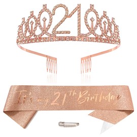Rose Gold 21st Birthday Crown and Sash Girls 21st Birthday Decoration Rhinestone Birthday Tiara Princess Crown Queen Tiara Birthday Sash Girls 21st Birthday Decoration Party Clothing Accessories,