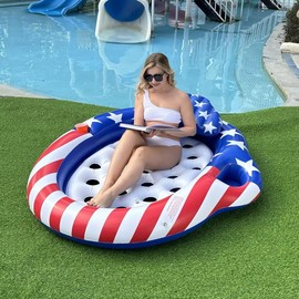 72"x59" Patriotic Pool Lounger Float with ​Detachable Headrest, ​Double Snack & Drink Holders Extra Large ​Oval Inflatable Pool Float for Adults, ​4th of July Party, Pool, Lake