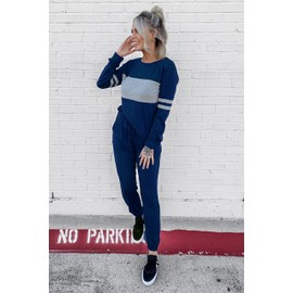 PRETTYGARDEN Women's Color Block 2 Piece Tracksuit Crewneck Long Sleeve Tops Long Sweatpants Outfits Lounge Sets(Bright Blue,Small)