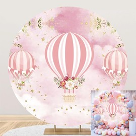TTQYFNM 7.5x7.5ft Pink Hot Air Balloons Round Backdrop Up Up and Away Adventure Circle Photography Background Floral Stars Round Backdrop Stand Cover for Girls Baby Shower Birthday Party Decor Banner
