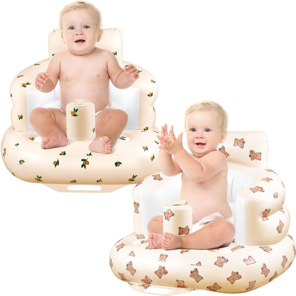 GlikCeil 2 Pcs Inflatable Baby Seat for Babies 3 Months and Up Baby Floor Seat with Built in Air Pump Toddler Baby Sit Up Chair Infant Back Support Sofa for Twins Baby Shower Gifts, Bear, Olive Flower