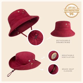 CHOK.LIDS Classic Cotton Wide Brim Bucket Hat with Adjustable String Trendy Unisex Sun Hat Lightweight Outdoor Travel Boonie (Burgundy)