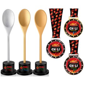 Misdary 6 Pcs Chili Cook Off Prizes Set Chili Trophies and Chili Cook Off Medals Chili Cook Off Decorations Available 1st 2nd 3rd Place Trophy Set for Chili Cook Off Gifts Supplies Events (Spoon)