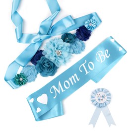 Baby Shower Maternity Sash Belly Belt, Mom to Be & Dad to Be Button Pin, Pregnancy Maternity Flower Sash Belt for Gender Reveal (Blue Baby Boy)