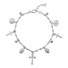 MY BIBLE Sterling Silver Cross and Miraculous Beaded Charm Bracelet for Women 6.75 Inch with 1 Inch Extender