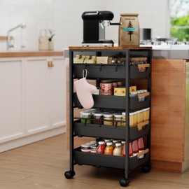 Landmok 5-Tier Kitchen Storage Cart, Wood Top Rolling Cart Organizer with Pull-Out Baskets & Wheels, Metal Snack Cart with Holder for Fruit, Vegetable, Microwave, Kitchen, Pantry, Black