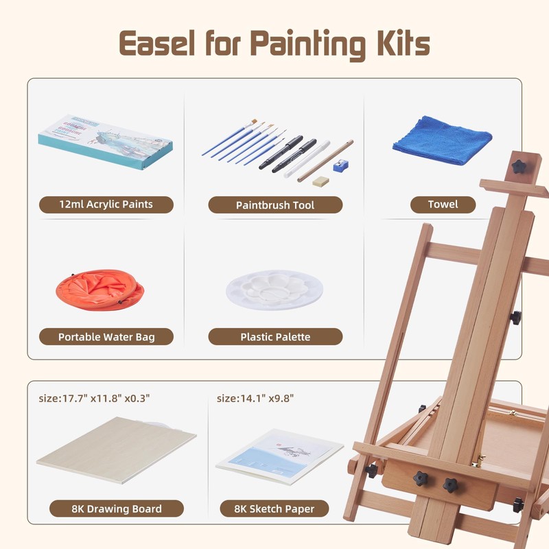YOKUGO Beech Wood H-Frame Easel for Painting with Tray &