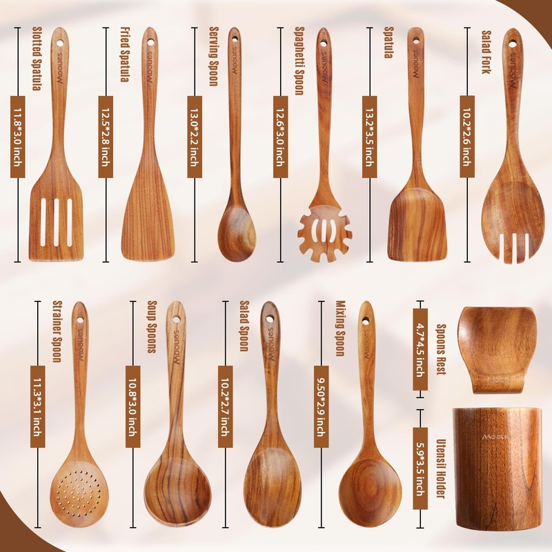 Wooden Spoons for Cooking, 12PCS Teak Wooden Kitchen Utensil Set