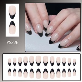 24pcs Press On Nails Almond Medium Fake Nails Glossy Glue On Nails Black French Tip Acrylic Nails Stiletto Artificial Full Cover Nails Nude Stick On Nails For Women Manicure