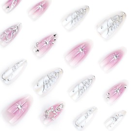 24 Pcs Press on Nails Short Almond - YEFIUO Spring Nail Tips Acrylic Nail Kit 3D Rhinestone Alloy Nail Charms Nail Art Fake Nails Press ons French Tip Glue on Nails Full Cover False Nails for Women
