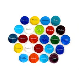 Lifeforce Glass Focus Glass Stones, 24 Inspiring, Encouraging and Motivating Single Words Imprinted on Glass Stones, Inc. Set I.
