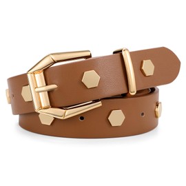 XZQTIVE Women Studded Leather Punk Belts for Jeans Pants Dress with Fashion Gold Buckle, Brown, Fits Waist Size 40-44 inch