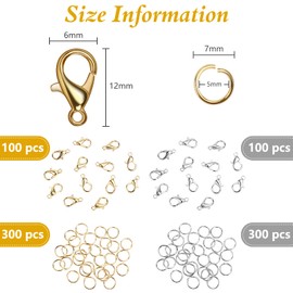 800+ Pieces Lobster Clasps and Open Jump Rings, 12 mm Lobster Claw Clasps Necklace Fasteners Hook and 5 mm Jump Rings for DIY Bracelet Necklace Jewelry Making (KC Gold, White K)