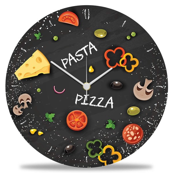 GRAVURZEILE Wooden Wall Clock Pizza & Pasta, 100% Silent, No