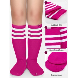 Hryrbay 2 Pairs Kids Soccer Socks Toddler Girls Knee High Socks Uniform Sock Three Stripes for Boys Girls (Pink,RoseRed,3-6 Years)