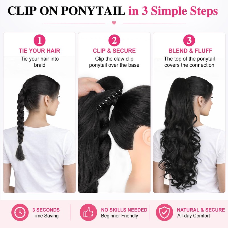 Long Curly Wavy Claw Clip Ponytail Extension,24" Chocolate Brown