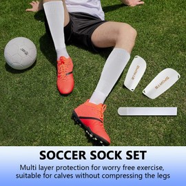 Ukontagood 2 Pairs Mens Grip Soccer Socks, 2 Pairs Shin Sleeves with 1 Pack Shin Guards and 4 Shin Straps, Soccer Football Game Set 9 Pcs (White)
