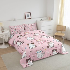 Feelyou Toddler Cat Comforter Set for Kids Boys Girls Cats Print Comforter Full Size Kawaii Cartoon Bedding Set Room Decor Cute Kitten Duvet Set Pink Animal Themed Quilt Set 3Pcs