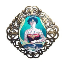 VINTAGE TATTOO QUEEN Brooch Pin Vintage Style with GLASS Dome Cover Altered Art