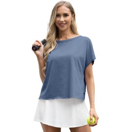 GRECERELLE Women's Open Back Workout Top Athletic Shirts Backless Short Sleeve Running Crop Top Gym Yoga Tee, Denim Blue, Medium