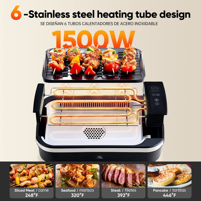 X&E Smokeless Indoor Grill, 1500W Non-Stick Removable Grill Rack &