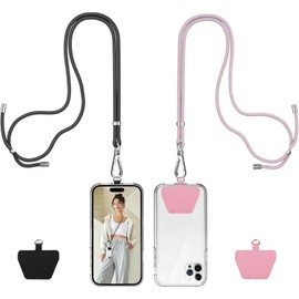 takyu Phone Lanyard, 2 Pack Crossbody Lanyard with Adjustable Nylon Neck Strap and 2PCS Durable Tether Connectors Fits Most Smartphones (Black+Multicolor)