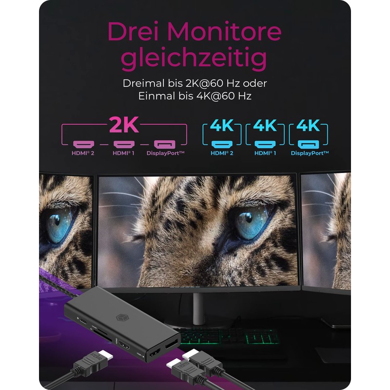 ICY Box USB-C Docking Station (9-in-1) for 3 Monitors (2x
