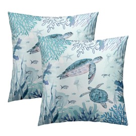 Set of 2 Sea Turtle Throw Pillow Cover 18x18 inch Nautical Coastal Ocean Coral Decorative Pillowcase Underwater Tropical Ocean Teal Blue Summer Cushion Covers for Home Couch Sofa