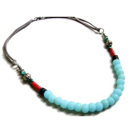 Boho Sea Glass Bead Necklace with Grey Leather