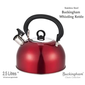 Buckingham Red Colour Coated Stainless Steel Retro Whistling Kettle 2.5 Litre with Heat Resistant phenolic Handle, 2.5 L