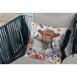OFlich Baby Cow in a Bucket Boho Flowers Floral Throw Pillow Cover 18"x18",Farmhouse Summer Flower Floral Decorative Cushion Cover for Home Girls Room Living Room,Gifts for Cow Lovers Women Girls