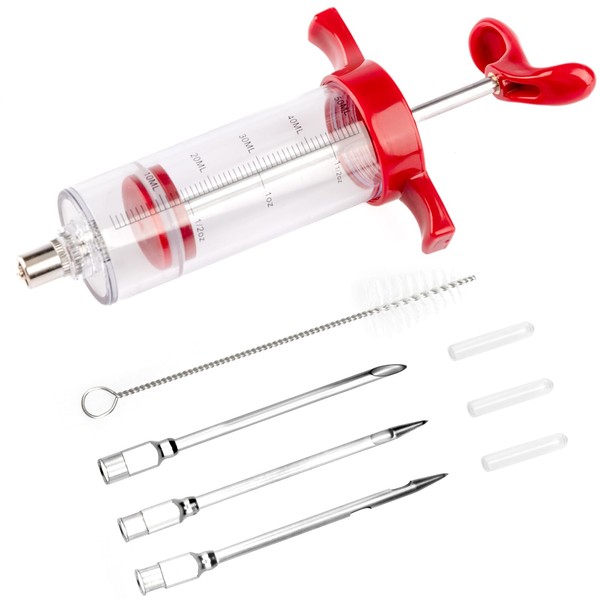 Turkey Meat Injector Syringe Kit with 3 Marinade Needles for BBQ Grill Smoker, 1 Cleaning Brush, 1.7 Oz/50 ml Large Capacity Injector Marinades for Meats Red