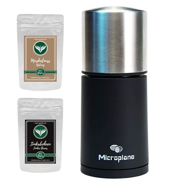 Microplane Spice Mill / Nutmeg Mill Silver/Black Set with 1 x Sample Pack Azafran Nutmeg and Tonka Beans