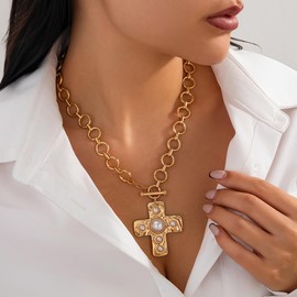ONBRIG Chunky Gold Necklace Trendy Big Cross Necklace for Women Gold Statement Large Corss Pendant Necklace Chunky Jewelry