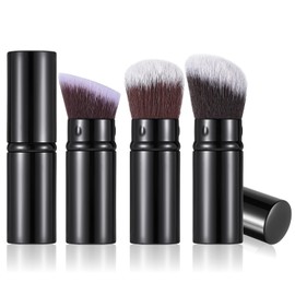 3pcs Retractable Kabuki Makeup Brush, Travel Powder Foundation Brush,Angled Face Blush Brushes with Cover for Blending Liquid, Sunscreen, Bronzer, Buffing,Flawless Cosmetics