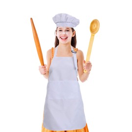 CWFUN Kids-Child's White Apron and Chef Hat Set,Aprons for Kids-Boys Girls Adjustable Aprons-Children Kid's Kitchen Cooking and Baking Wear(4-12 Years Old) (White, Large)