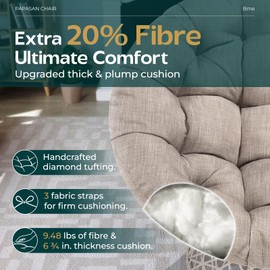 Bme 40" Ergonomic Wicker Papasan Chair with Soft Thick Density Fabric Cushion, High Capacity Steel Frame, 360 Degree Swivel for Living, Bedroom, Reading Room, Lounge